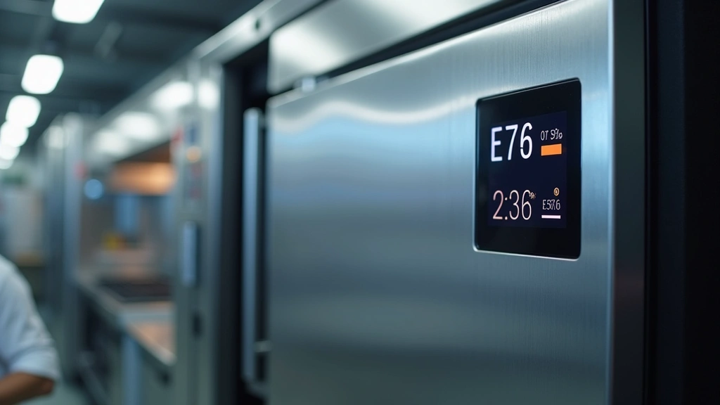 Smart refrigeration unit with digital touch panel displaying temperature controls in professional commercial kitchen environment