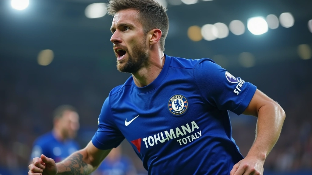 Professional football player wearing Chelsea blue Nike kit during match, dynamic action shot with visible moisture management in fabric, stadium lighting, close-up on jersey technology details, photorealistic