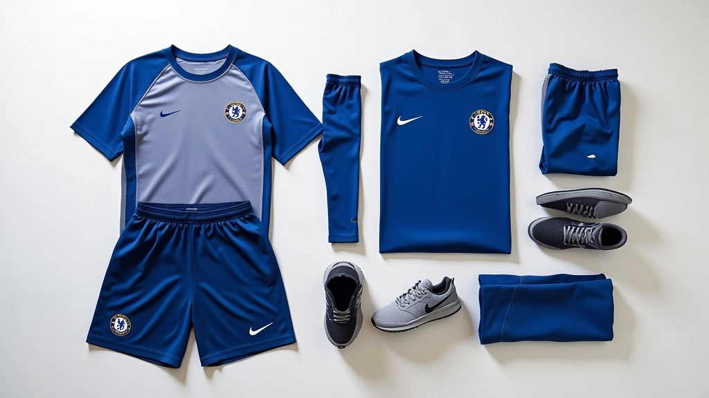Flat lay photography of Chelsea Nike training wear collection including shorts, shirts, and compression layers arranged on white surface, showing fabric texture and construction details, professional product styling