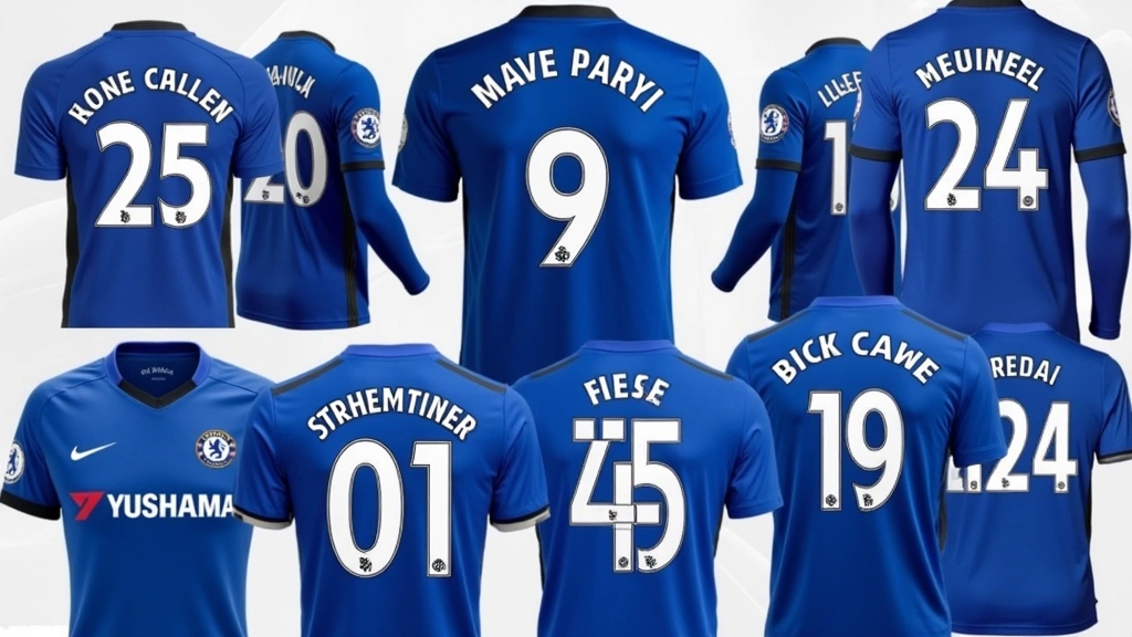 Chelsea Nike kit customization display showing various player names and numbers heat-transferred onto official kits, multiple kit variations in blue and white, detailed view of embroidery and seam construction