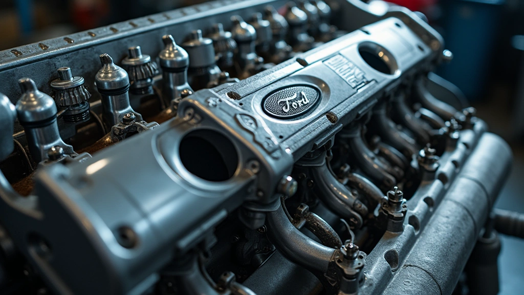Close-up of modern Ford engine block with precision-engineered components, metallic surfaces gleaming under workshop lighting, showcasing internal combustion chamber complexity and advanced engineering
