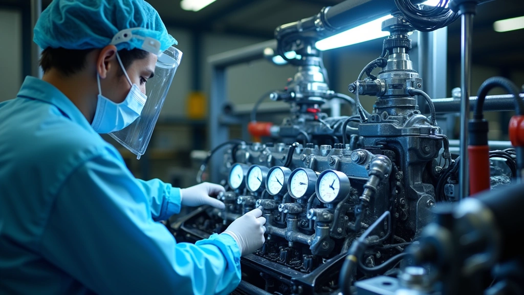 High-tech automotive laboratory setting with digital pressure gauges and diagnostic equipment monitoring engine performance, technician in protective gear analyzing chemical formulations in professional testing environment