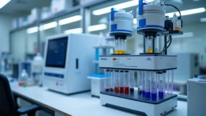 Advanced HPLC chromatography system with multiple detectors and automated sample carousel in modern laboratory, showing gradient pump and column compartment, professional laboratory setting with blue and white instrumentation