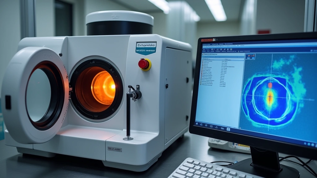 Thermal analysis equipment DSC-TGA instrument with automated sample changer carousel and digital display, showing furnace chamber and sophisticated laboratory-grade thermal analyzer in research facility