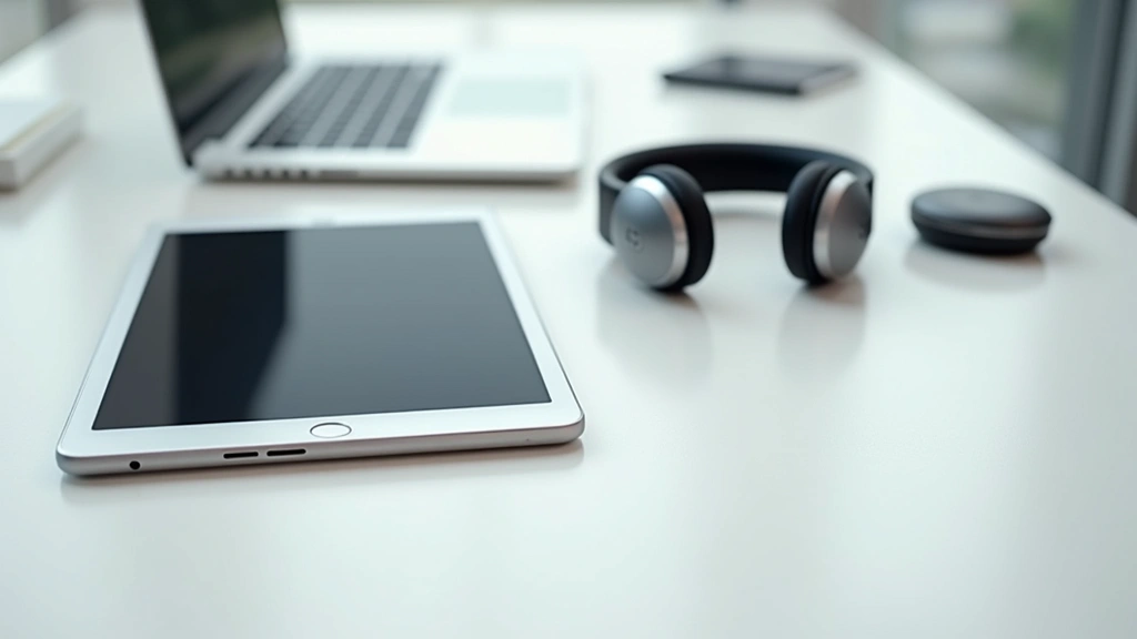 Professional overhead shot of modern tech gadgets arranged on minimalist white desk, including laptop, tablet, and wireless headphones, natural daylight illumination, shallow depth of field focusing on device details