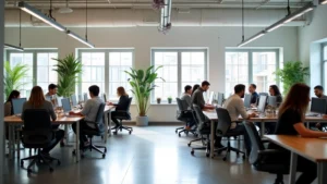 Modern coworking space interior with collaborative workstations, natural lighting from large windows, diverse professionals working at standing desks and seated areas, potted plants, professional minimalist design, high-quality lighting fixtures, ergonomic office chairs, contemporary wooden tables
