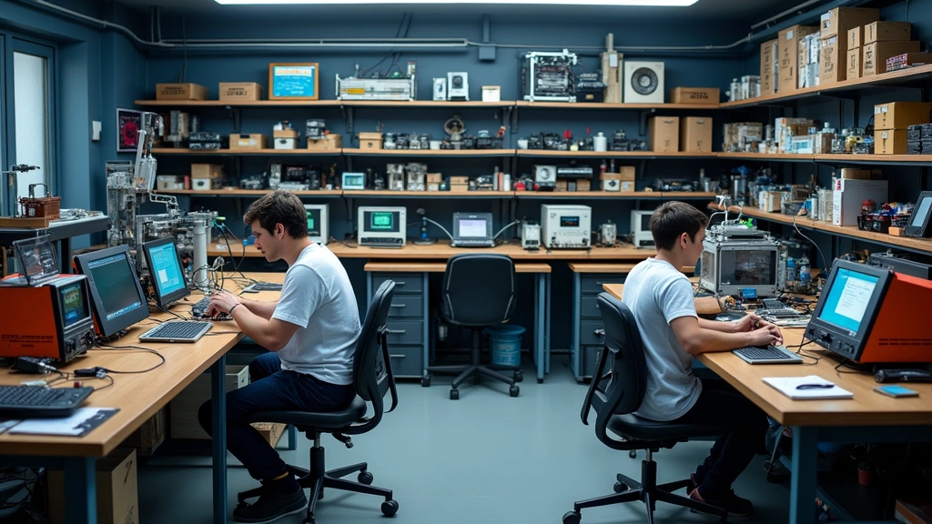 Hardware development laboratory with soldering stations, oscilloscopes, circuit boards, 3D printer, component storage shelving, work benches with task lighting, technical equipment, prototyping materials, professional workshop environment, organized tool storage