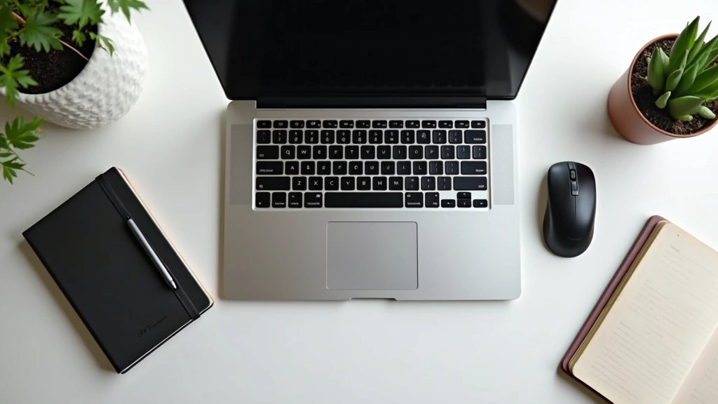 Overhead flat lay of premium laptop with mechanical keyboard, wireless mouse, and notebook on modern desk workspace with minimal decoration and clean aesthetics