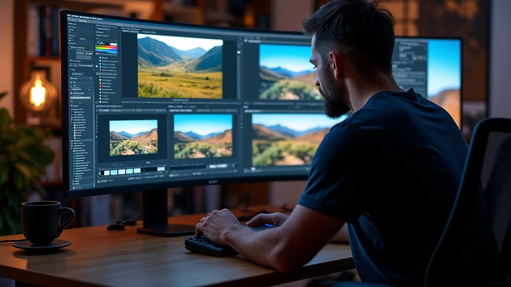 Professional photographer editing images on high-resolution monitor displaying vibrant landscape photos with color-grading panel visible in editing software interface