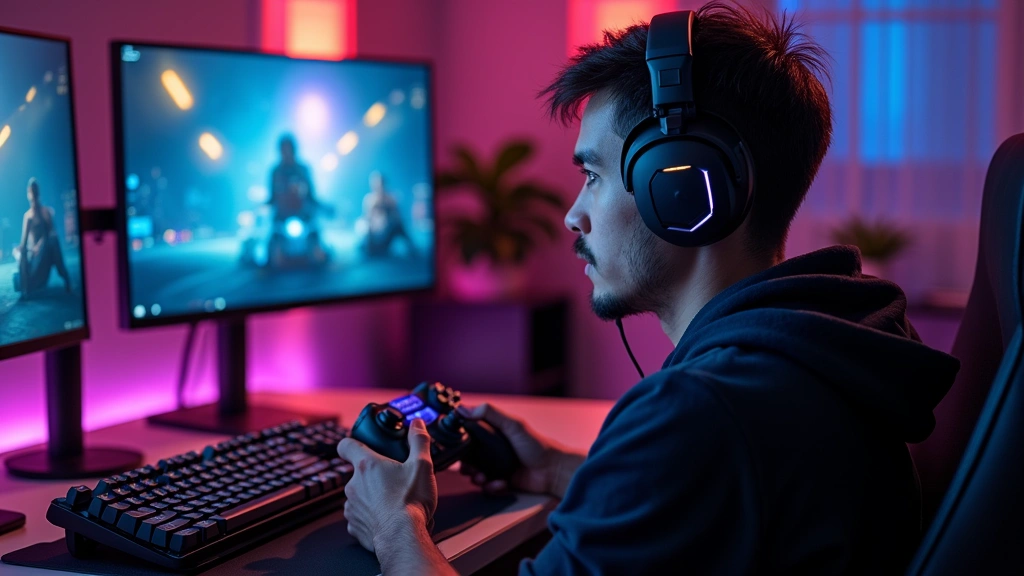Gamer wearing premium wireless headset holding gaming controller with RGB lighting, sitting at custom PC gaming setup with multiple monitors and mechanical keyboard visible
