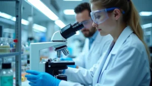 Modern biotechnology research laboratory with scientists using microscopes and analyzing biological samples in sterile conditions, bright lighting, professional equipment