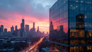 Modern glass office building at sunset with Chicago skyline in background, tech company headquarters architecture, reflecting city lights