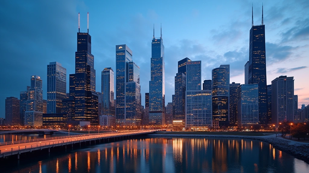 Modern Chicago skyline with glass office buildings and tech campus architecture, reflecting city lights at dusk, professional urban tech environment