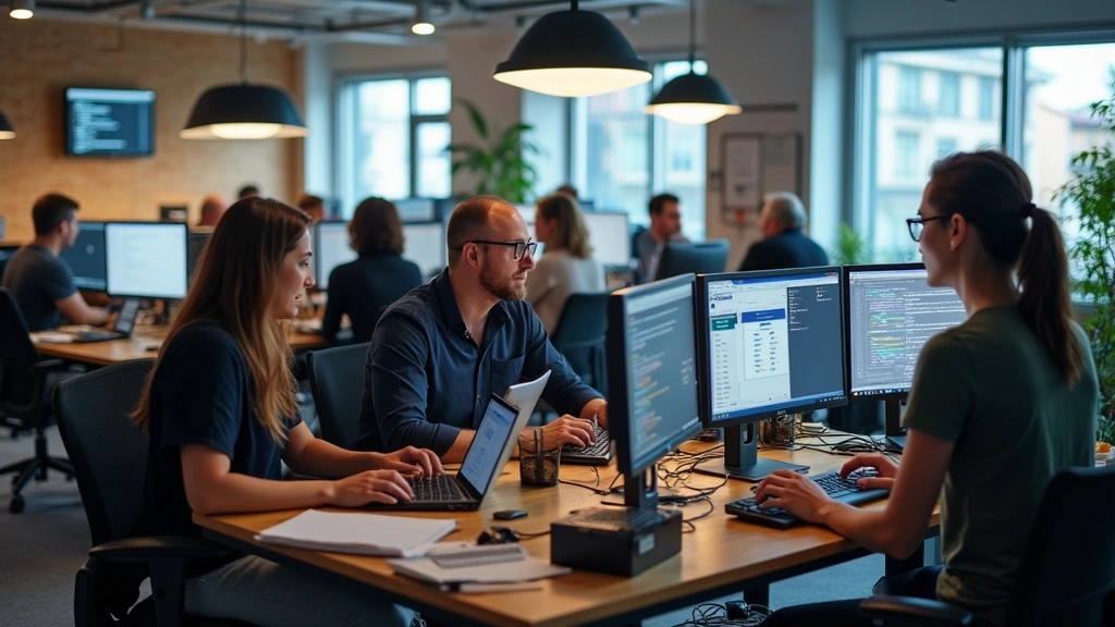 Diverse team of software engineers collaborating at standing desks with multiple monitors, laptops, and tech equipment in contemporary office space