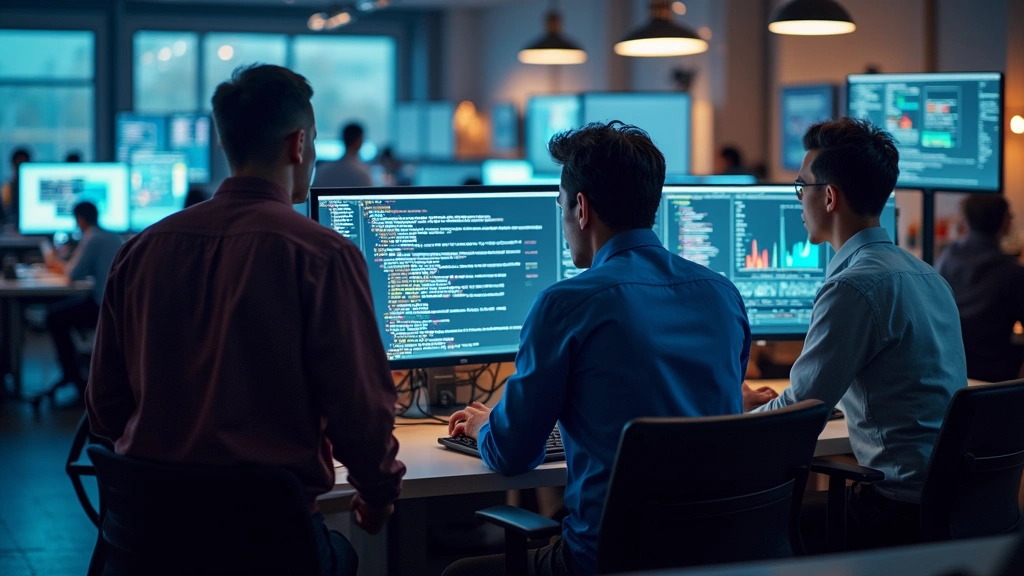 Software engineers collaborating at standing desks with multiple monitors displaying code and data analytics dashboards in contemporary office space
