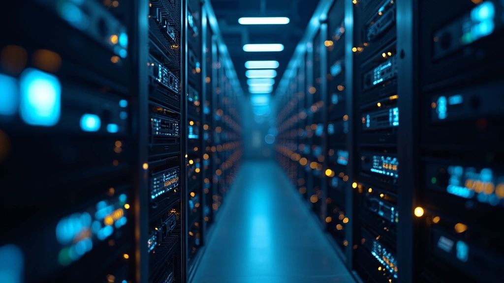Close-up of AI server room with glowing lights, networking cables, and hardware racks, representing cloud infrastructure and machine learning computing
