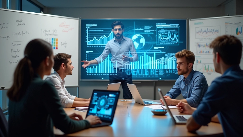 Team of diverse tech professionals in casual meeting room brainstorming with whiteboards, laptops, and holographic displays showing business metrics