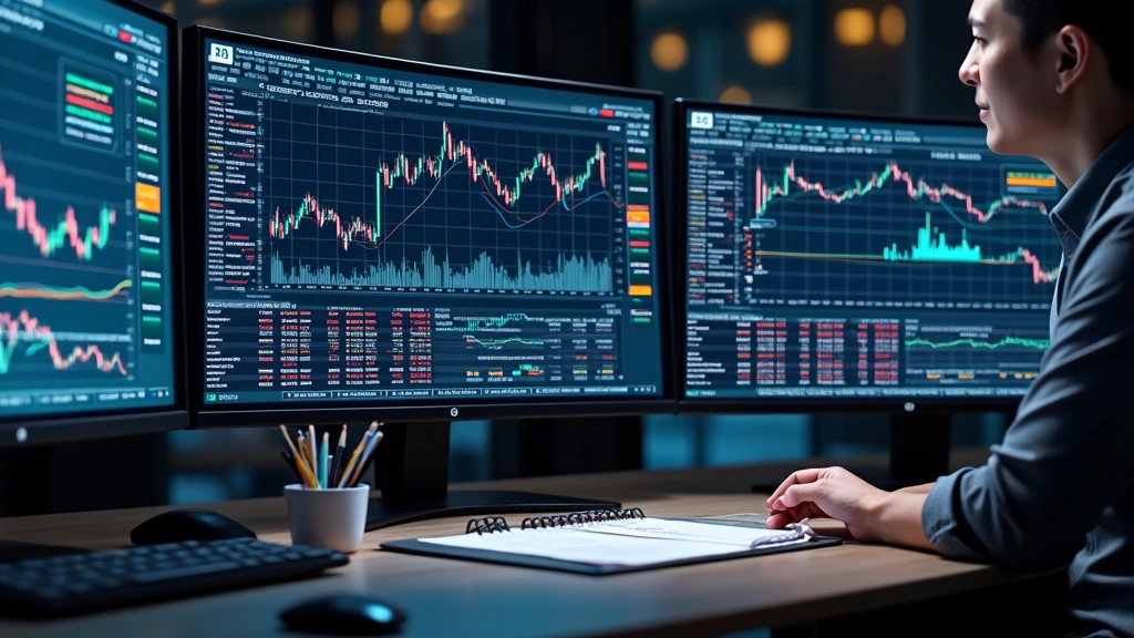 Photorealistic image of a modern trading terminal displaying Chinese tech stock tickers and performance charts with candlestick patterns, multiple monitors showing real-time market data, professional trading desk environment with financial documents and analysis tools