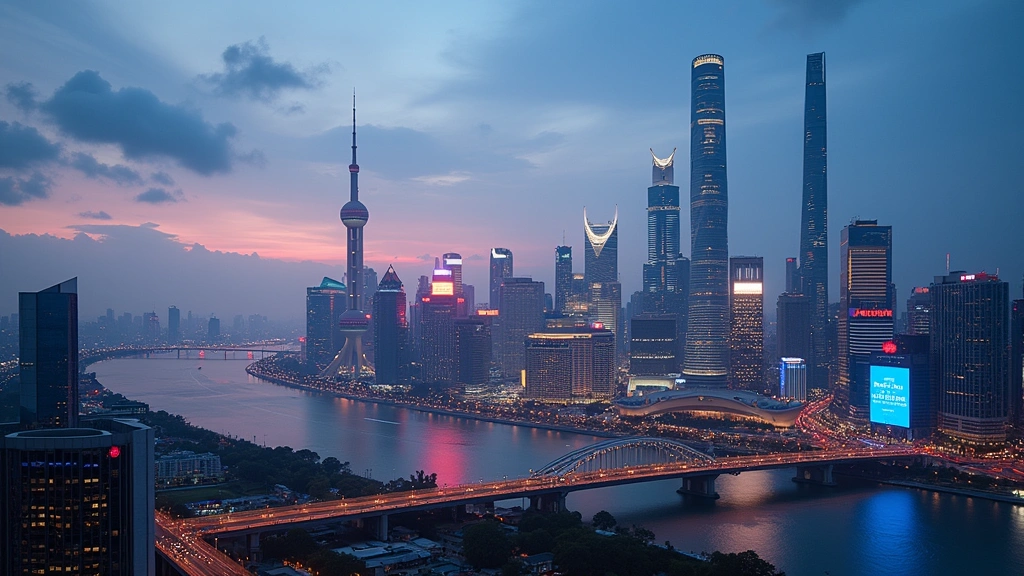 Photorealistic photograph of Shanghai's financial district skyline at dusk with illuminated skyscrapers, modern architecture representing China's technology innovation hub, busy city streets with digital billboards and contemporary urban development