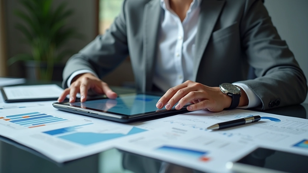 Photorealistic image of a professional investor analyzing portfolio data on a tablet device with charts and graphs visible, sitting in a modern office with financial reports and investment documents, sophisticated financial planning workspace