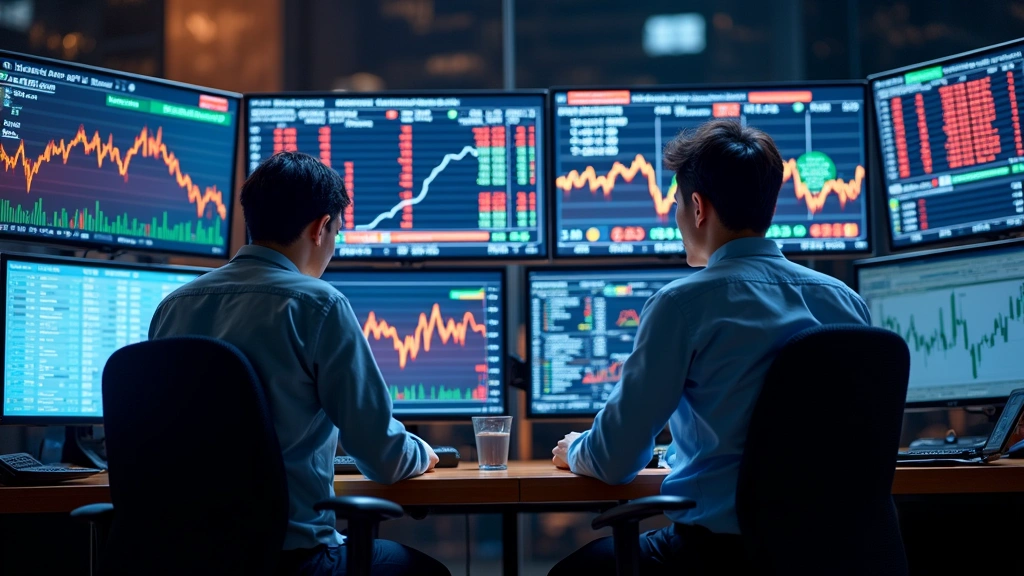 Modern trading floor with multiple screens displaying stock charts, Chinese technology company logos glowing on digital displays, professional traders monitoring real-time market data