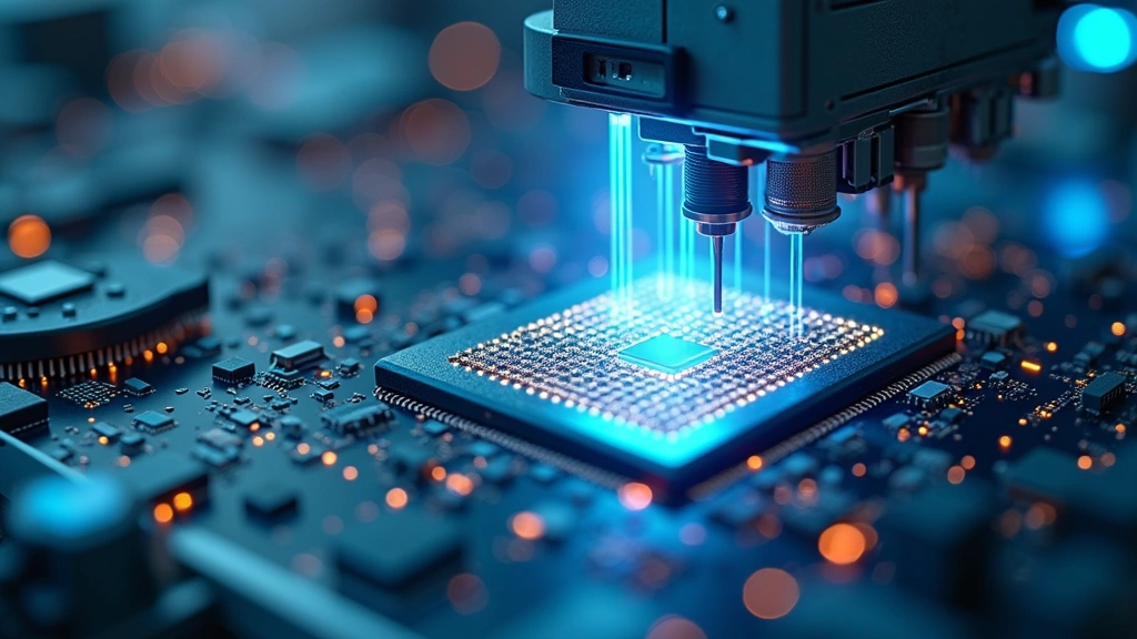 Futuristic semiconductor manufacturing facility with precision equipment, microchip components under magnification, clean room environment representing advanced Chinese chip production technology