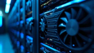 Close-up of a high-performance GPU computing cluster with blue ambient lighting, showing multiple graphics cards processing data streams in a modern research laboratory setting