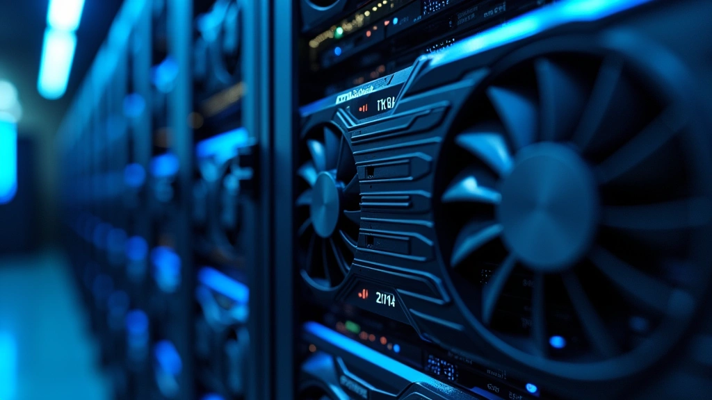 Close-up of a high-performance GPU computing cluster with blue ambient lighting, showing multiple graphics cards processing data streams in a modern research laboratory setting