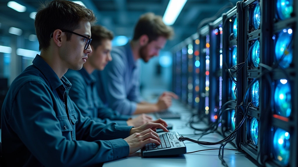 Modern university engineering laboratory with students working on computer hardware, high-tech equipment, and circuit boards visible, professional lighting, photorealistic detail