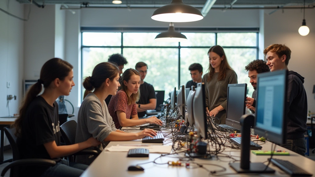 Diverse group of students collaborating in a contemporary campus maker space with 3D printers, robotics equipment, and computer workstations, bright natural lighting