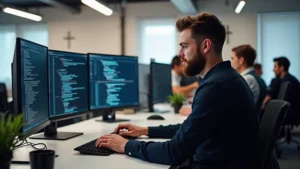 Professional software developer working at modern desk with multiple monitors displaying code, in bright office with Christian symbols subtly visible on walls, diverse team collaborating in background