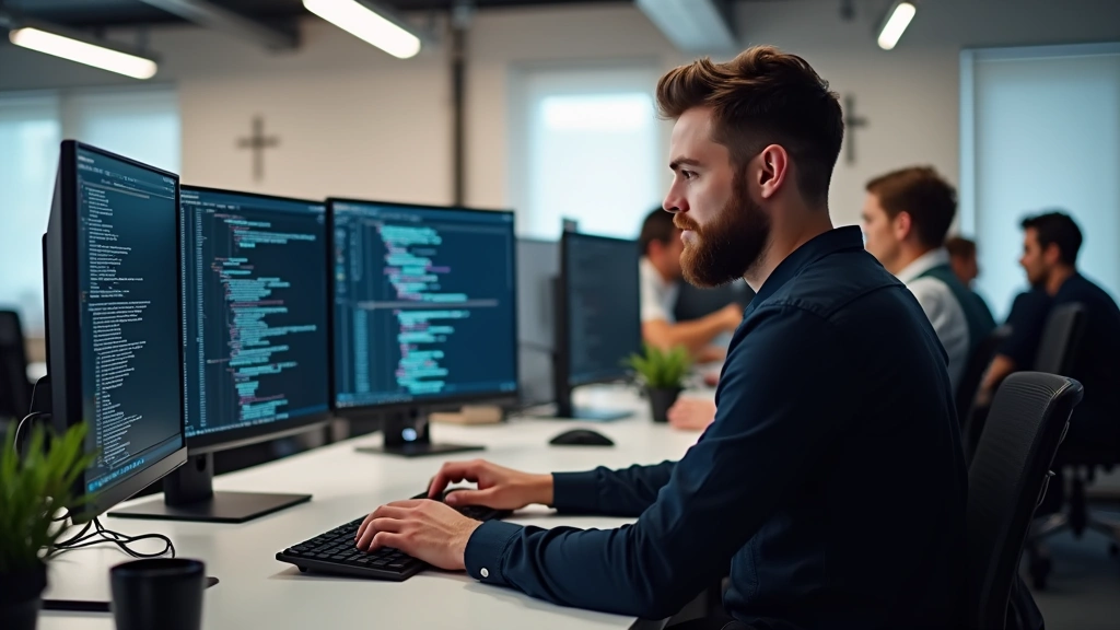 Professional software developer working at modern desk with multiple monitors displaying code, in bright office with Christian symbols subtly visible on walls, diverse team collaborating in background