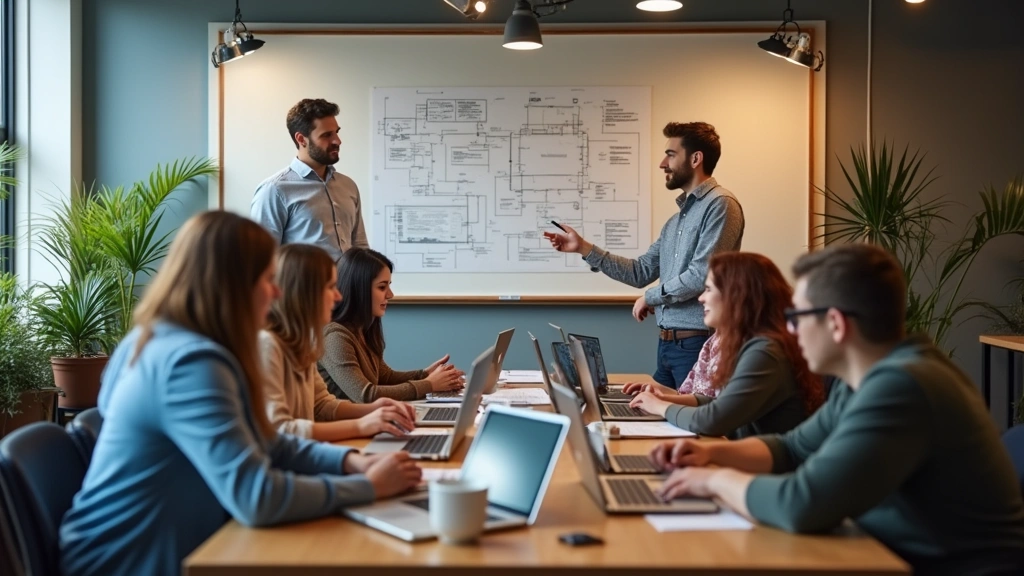 Team of tech professionals in casual faith-based company environment having collaborative meeting around table with laptops, whiteboards showing architecture diagrams, warm natural lighting