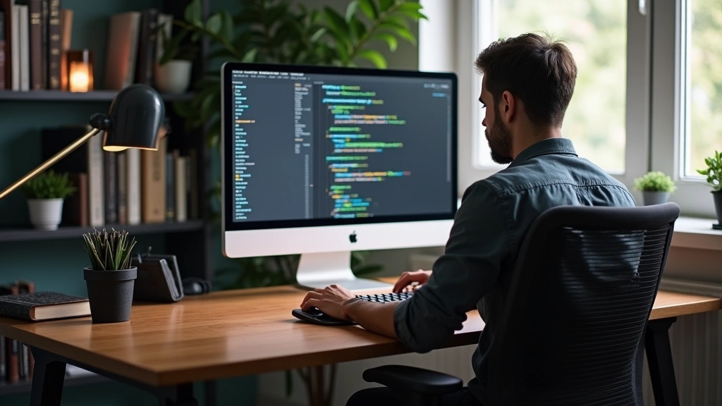 Professional workspace showing Christian tech professional at standing desk coding, with Bible and tech books on shelf nearby, organized minimalist desk setup with mechanical keyboard and ergonomic chair