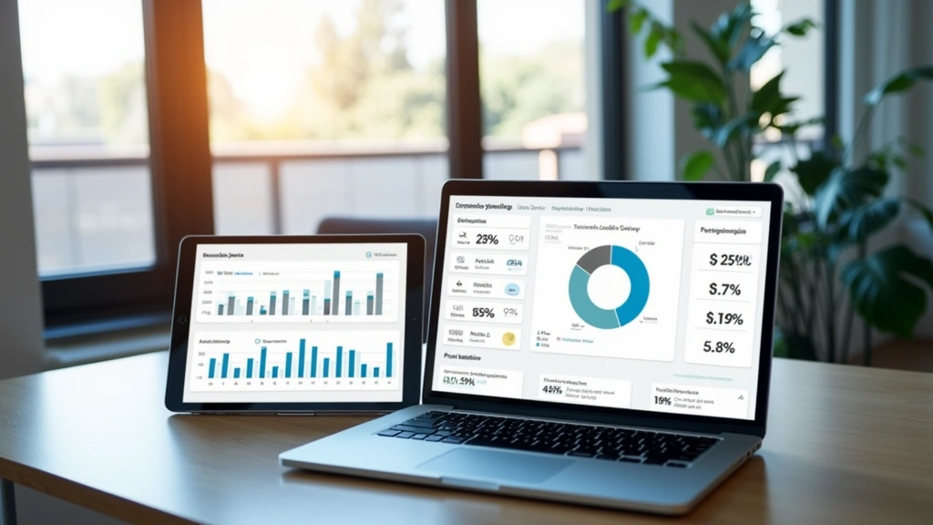 Professional laptop and tablet displaying financial dashboard with charts and expense data on screens, modern office workspace background, natural lighting, professional appearance