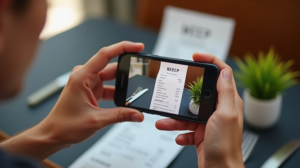 Person photographing a restaurant receipt with smartphone, mobile app interface visible on screen showing expense categorization, close-up detail of receipt capture process, modern casual setting