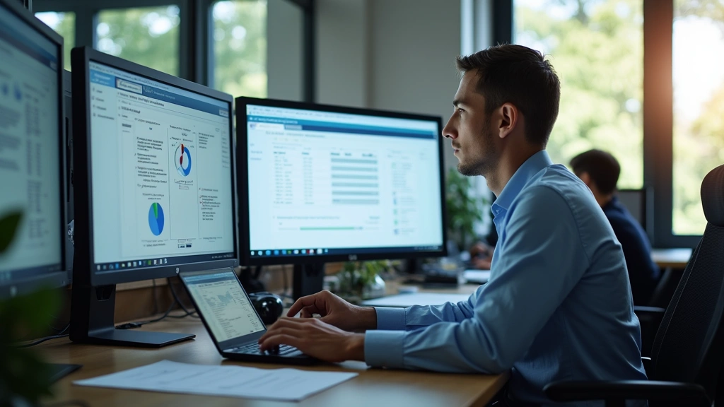 University campus finance office with multiple monitors displaying approval workflows and compliance dashboards, organized professional environment, natural window lighting, collaborative workspace