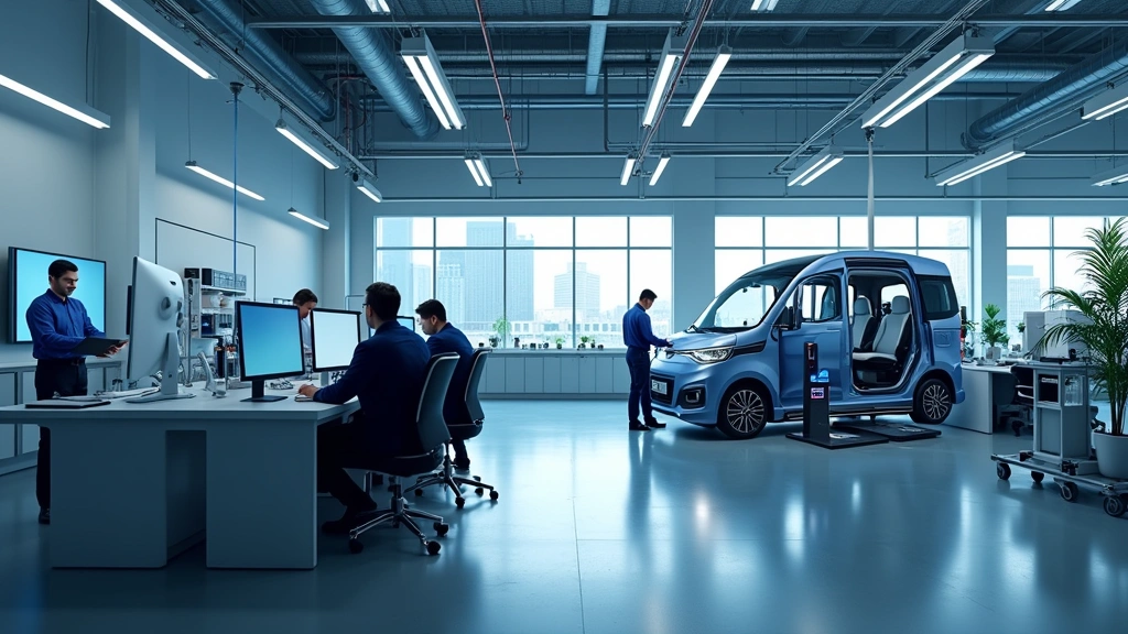 Modern automotive research facility with engineers working at computer terminals and sensor testing equipment, bright contemporary workspace with blue and gray industrial aesthetics, high-tech laboratory environment with autonomous vehicle components visible
