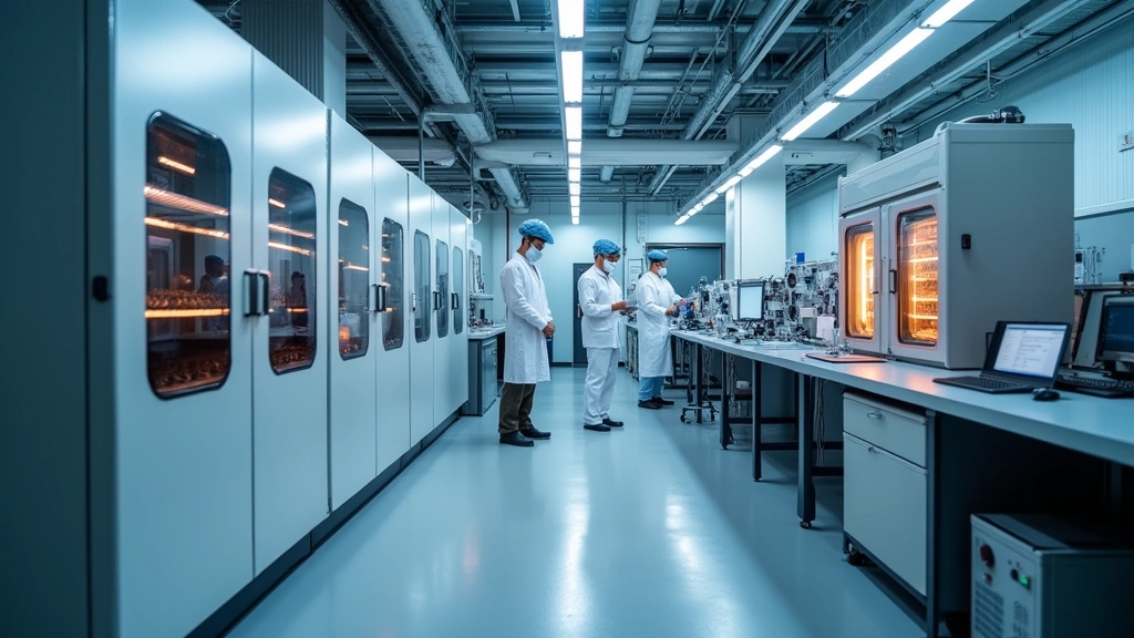 Advanced battery testing laboratory with thermal chambers, sophisticated measurement instruments, and researchers in protective gear examining cell structures under controlled lighting, scientific equipment arranged in organized rows