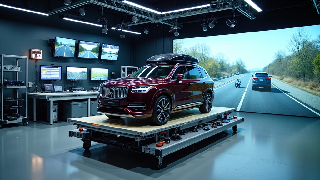 Autonomous vehicle test rig with multiple sensor arrays including LiDAR and cameras mounted on vehicle platform, surrounded by monitoring screens and technical equipment, simulated driving environment with road markings and obstacles