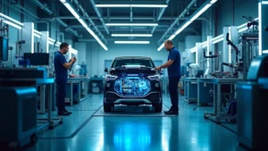 Modern automotive engineering laboratory with engineers working on advanced powertrain components and testing equipment, professional industrial setting with blue lighting