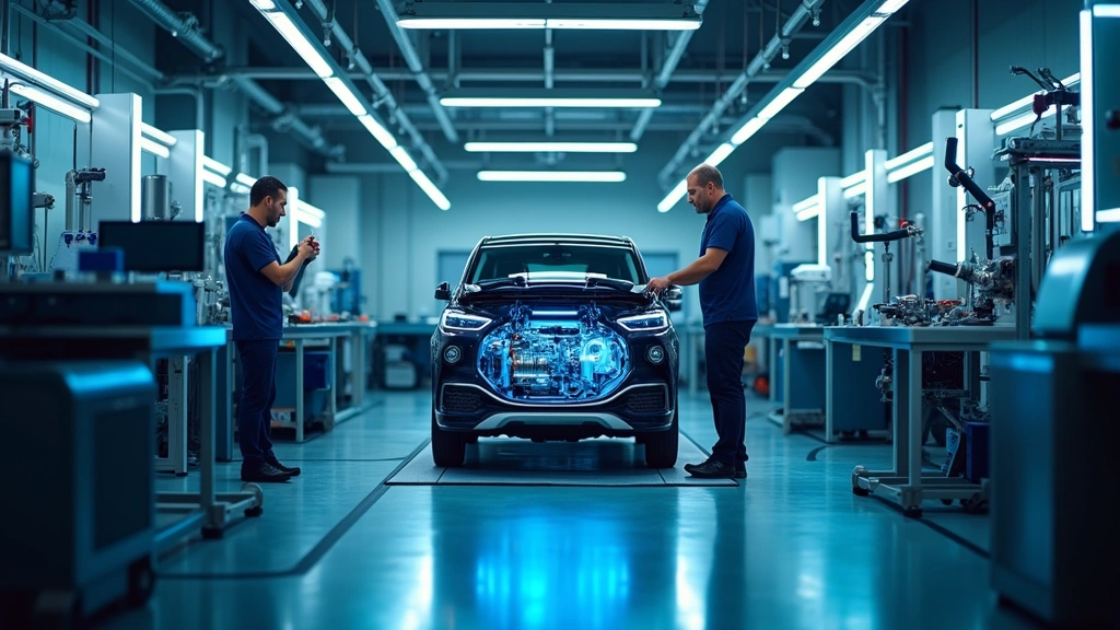 Modern automotive engineering laboratory with engineers working on advanced powertrain components and testing equipment, professional industrial setting with blue lighting