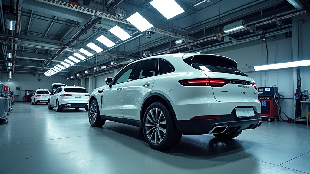 State-of-the-art vehicle crash testing facility with sophisticated sensors and data collection equipment, showing structural testing apparatus and safety measurement systems