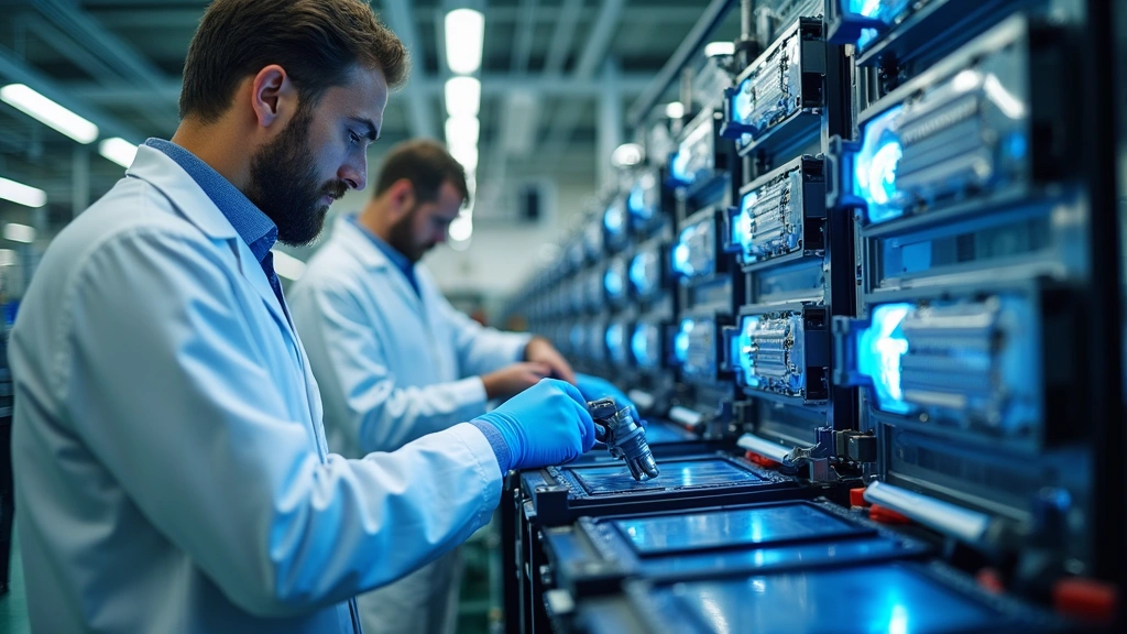 Electric vehicle battery testing and research laboratory with technicians examining advanced battery modules and thermal management systems in controlled environment