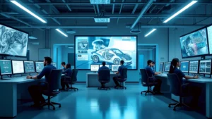 Modern automotive research facility with engineers working at advanced computer workstations, multiple high-resolution displays showing vehicle design simulations and data visualizations, sleek laboratory environment with blue and white color scheme, professional tech-focused atmosphere