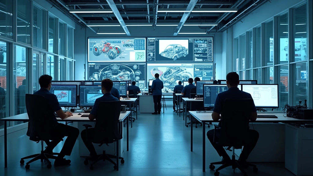 Modern automotive research facility interior with engineers working at computer workstations, CAD software displayed on multiple monitors, professional engineering environment with glass walls and collaborative workspace