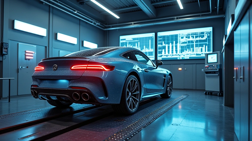 State-of-the-art vehicle testing dynamometer facility with prototype car mounted on equipment, sophisticated sensors and measurement instruments visible, data collection screens showing real-time performance metrics