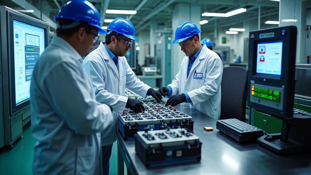 Electric vehicle battery testing laboratory with technicians in safety equipment examining battery modules, thermal testing chambers, advanced diagnostic equipment, and monitoring systems in professional tech facility