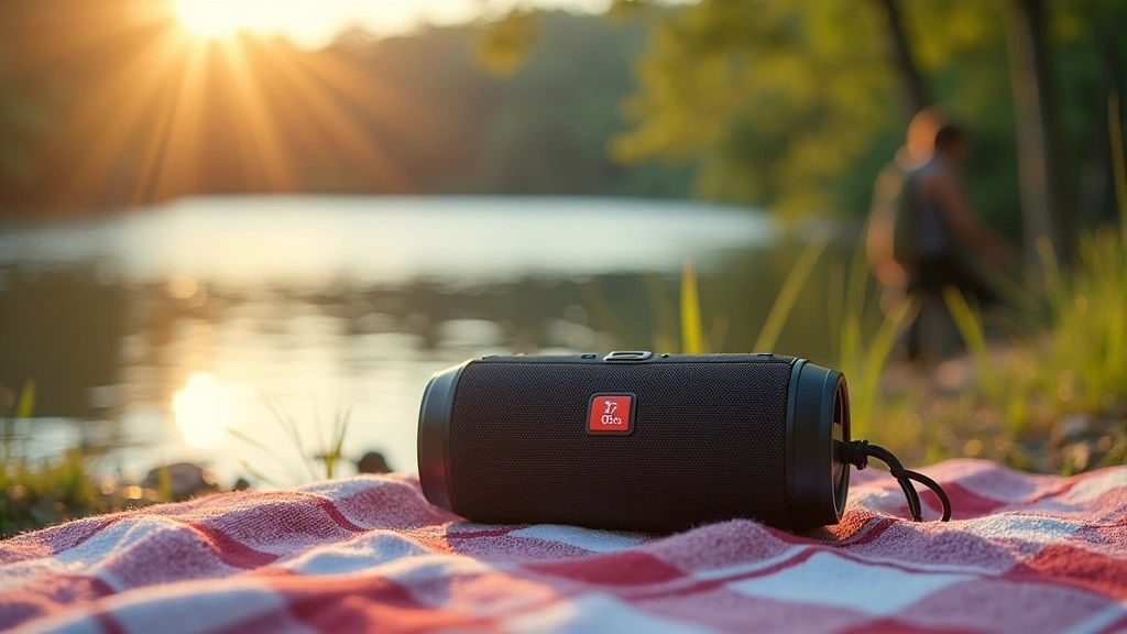 Portable speaker in outdoor lifestyle setting on picnic blanket near water, natural sunlight illumination, realistic usage scenario demonstrating portability and water-resistant durability