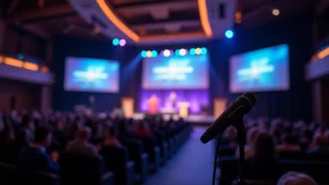 Professional church sanctuary with modern audio-visual equipment, projection screens displaying sermon content, professional lighting systems, and wireless microphone setup on stage during contemporary worship service